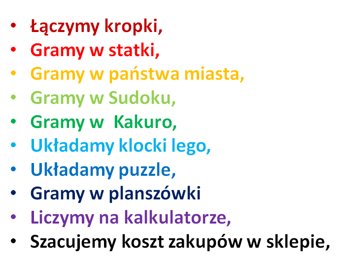 na zdjęciu wymienione są rodzaje zabaw z dziećmi: łączenie kropek, granie w statki, granie w państwa miasta, granie w sudoku, granie w kakuro, układanie klocków lego, układanie puzzli, planszówki, liczenie na kalkulatorze, szacowanie kosztów zakupów w sklepie