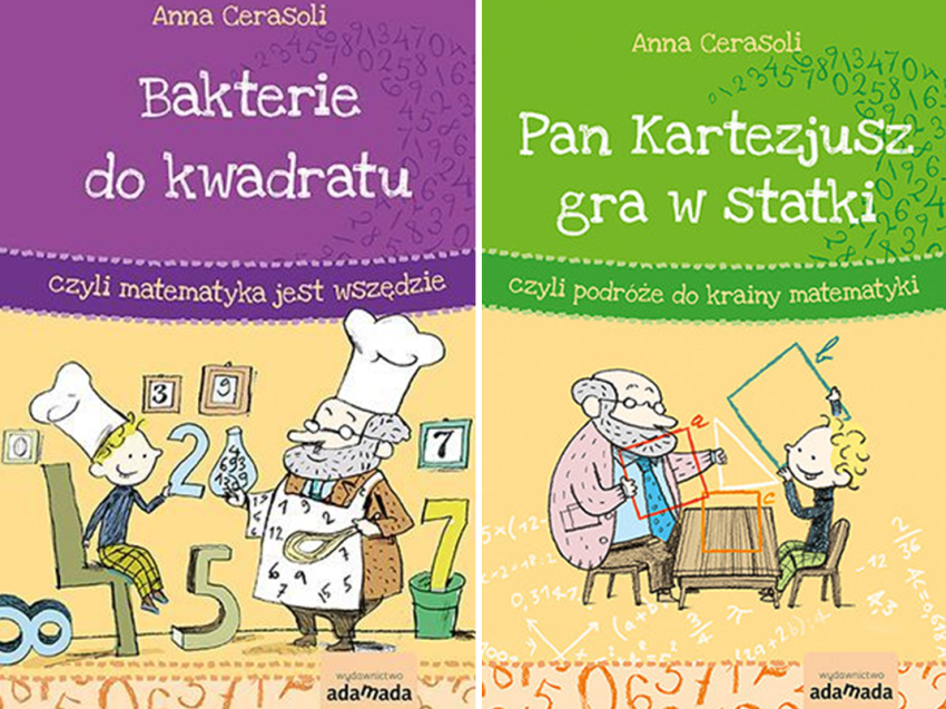 zdjęcie przedstawia dwie okładki książek dla dzieci: "Bakterie do kwadratu" i "Pan Kartezjusz gra w statki"